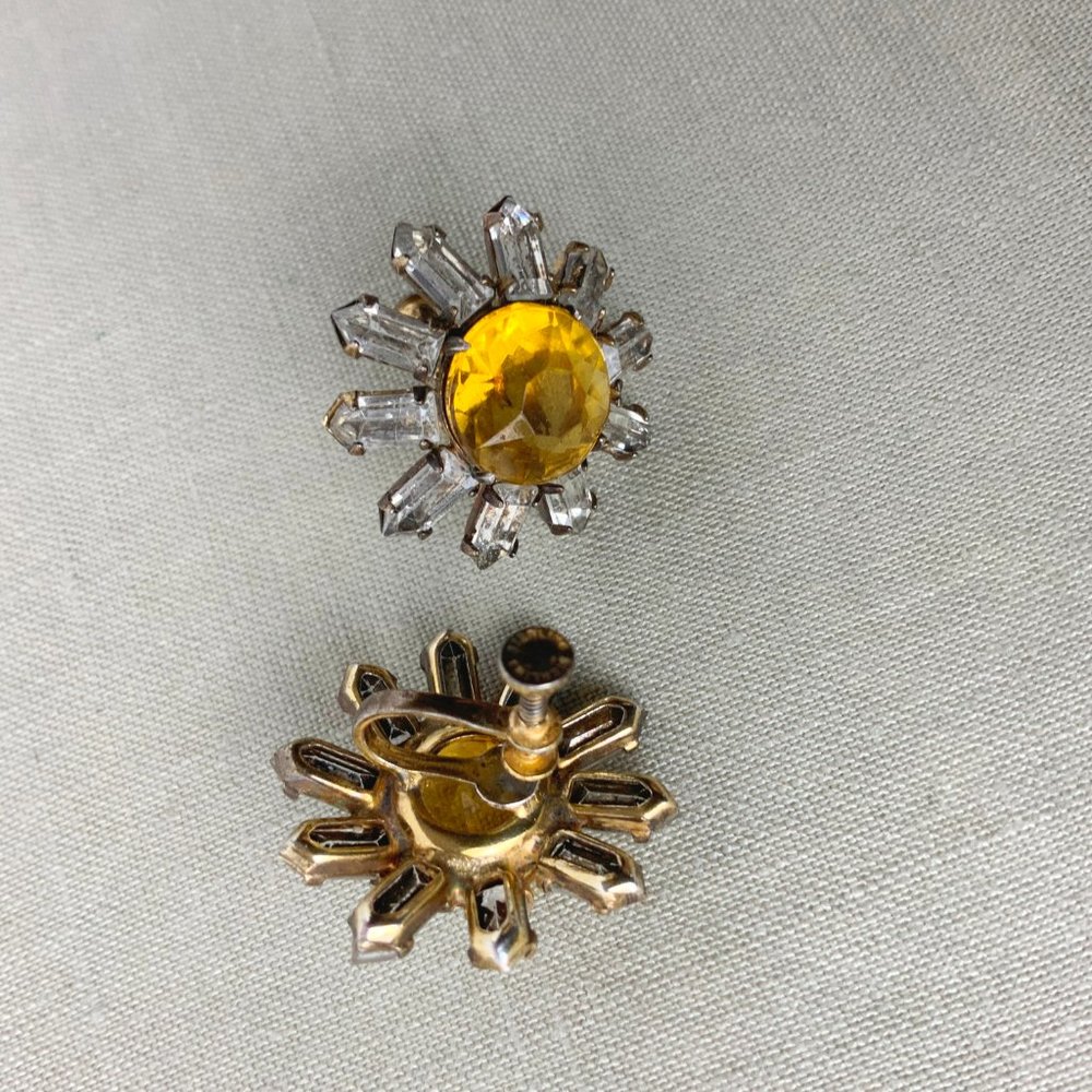Vintage Sterling Silver Crystal Rhinestones Daisy Earrings Screw Back - Picture 11 of 16